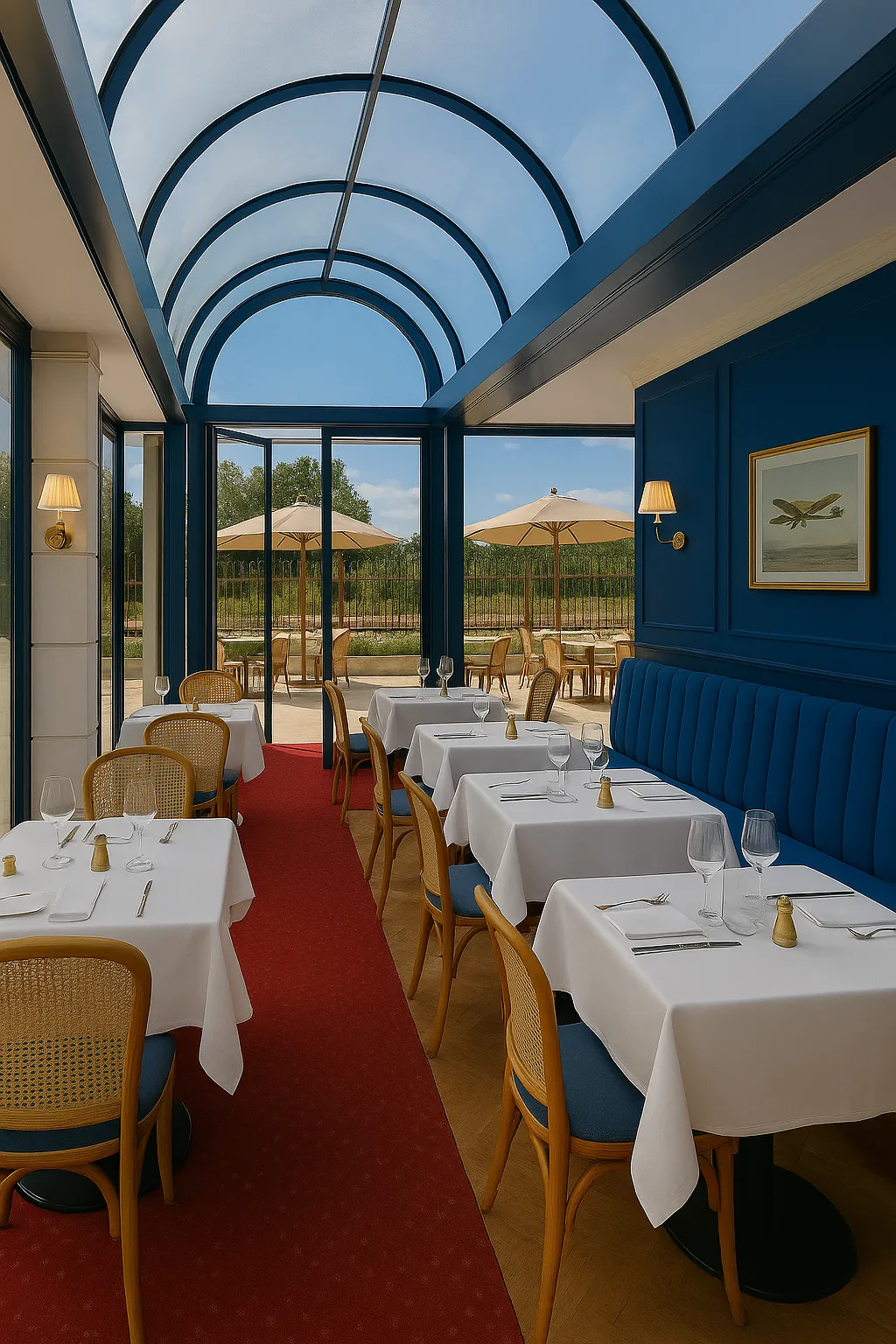 Salle du restaurant bistronomique sous verrière, tables dressées et terrasse en arrière-plan